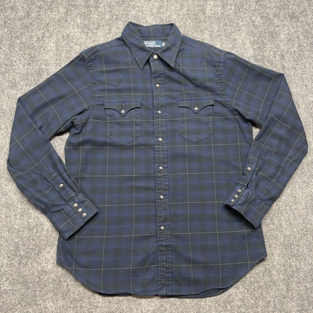 Polo Ralph Lauren Men's L Western Shirt Blue Plaid Pearl Snap Long Sleeve Cowboy